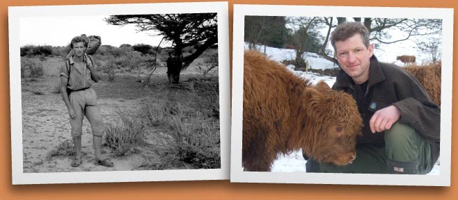 hamish wilson in somalia (left) and at hangingheld farm (right)